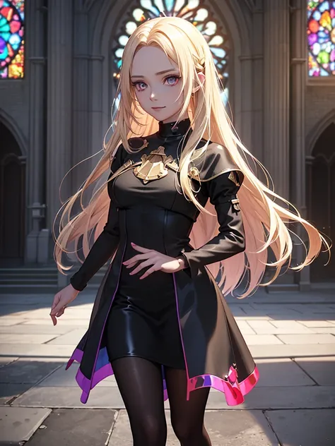 The background is a sunset sunset 、 medieval cityscape with basket、Inside the kaleidoscope、 Stained Glass Background 、Legendary Scenery 、 Mythical Scenery Unfolds、The cathedral shines brightly、red and green contrast 、Path of Light、 Edelgard in black armor,...