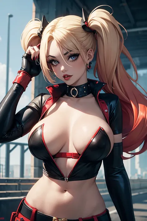 Harley Quinn in the style of a six-breasted doggirl. multi-breasts, six breasts