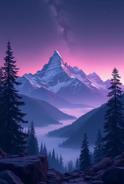 moutains with trees and stars in the sky with completely dark purple background (computer screen size image)