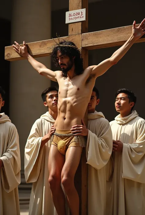 Group of altar boys from Vatican carrying handsome 19-years-old Korean who are crucified on the cross during Good Friday crucifixion process. The Korean whore crucified wearing crown of thorns and holy shinning transparent loincloth made from best silk in ...