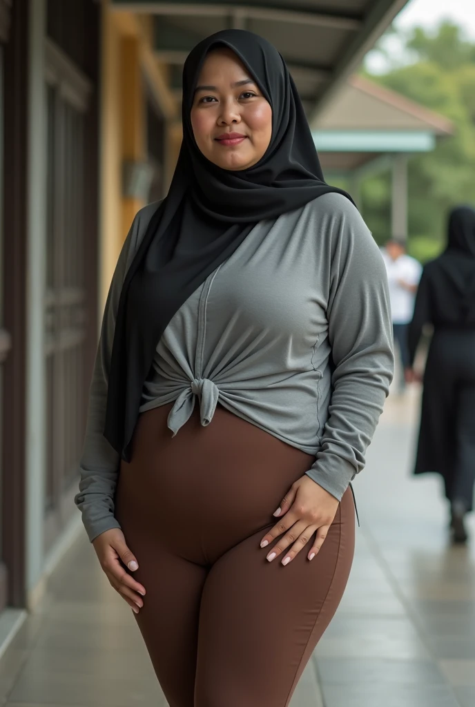 woman wearing the hijab (pasminha), from Indonesia, 37 years old, sweet face ((detail)), sensual lips, mole above the lip, wearing a long gray shirt, tight brown leggings, big round buttocks ((you can see the underwear line)), round breasts sticking out up...