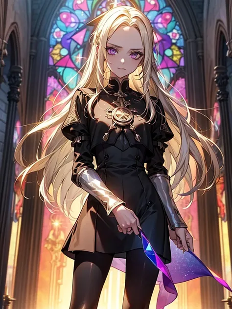 The background is a sunset sunset 、 medieval cityscape with basket、Inside the kaleidoscope、 Stained Glass Background 、Legendary Scenery 、 Mythical Scenery Unfolds、The cathedral shines brightly、red and green contrast 、Path of Light、 Edelgard in black armor,...