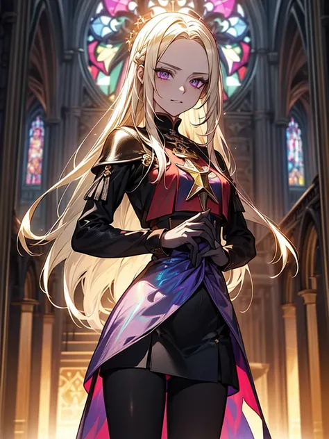 The background is a sunset sunset 、 medieval cityscape with basket、Inside the kaleidoscope、 Stained Glass Background 、Legendary Scenery 、 Mythical Scenery Unfolds、The cathedral shines brightly、red and green contrast 、Path of Light、 Edelgard in black armor,...