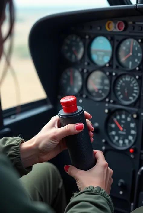 Image of the instrument panel and control stick of a combat helicopter. A manicured hand held a control stick with a red button on the tip.