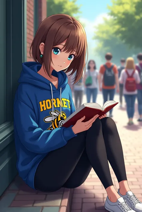 (masterpiece:1.2), best quality, high resolution, anime, 1girl, solo, a woman in her early 20s, shes a college freshman, brown hair, blue eyes. Shes wearing a Blue college hoodie with a yellow hornet printed on it, black leggings and white slip-on shoes. S...