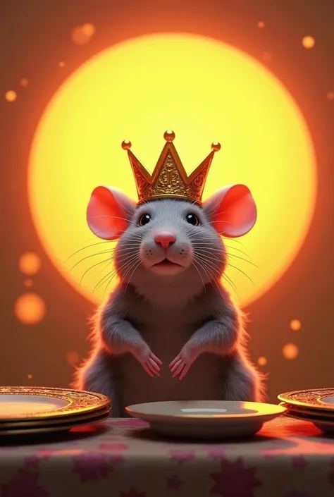 Realistic,  rat with a crown,  in front of Sun , Zombiephie , plates on the side 