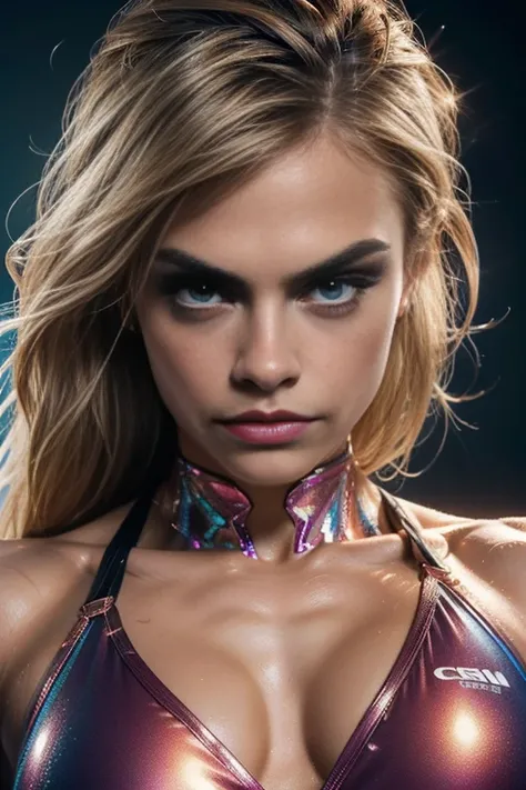 (hyper realistic image,  high resolution, 8k,  super detailed,  masterpiece ) 1 (muscle girl:1.2), Cara Delevingne, detailed face, makeup, blonde hair, beautiful body fitness, defined muscles, wearing a bikinis, shiny oily skin,  professional lighting, viv...