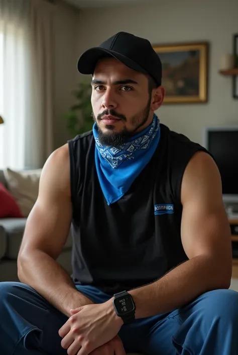 full image 4k: a sexy handsome Mexican young adult guy 20 years old very white very pale with short straight chocolate hair wearing a black cap with a blue bandana shaved above his mouth with a mini beard under his chin of medium body chubby robust very mu...