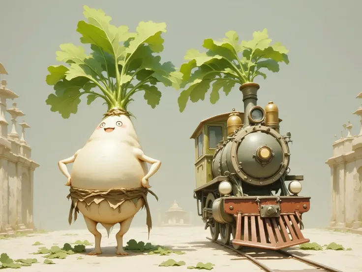 masterpiece,Daikon characters ride antique steam locomotives, best quality,   high detail,   High Resolution Model ,  Ultra High Definition,    digital art ,8k