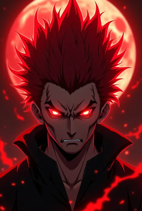 portrait of sukuna with red hairs, jujutsu kaisen, full red moon, uhd, ultra realistic, unreal engine 5, red neon light, demon look, high resolution