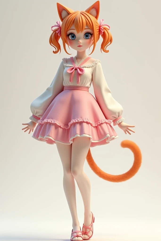 Long legs, white skin, wearing y2k clothes, wearing skirts, pink and white clothes, short orange hair tied in two sides, big blue eyes, has cat ears and tail
