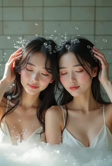  looks beautiful with long hair ， well-groomed face from a sense of distance， not wearing clothes ， use their hands on their heads to wash their hair ， realistic bubbles ， bubbles wrap around a beautiful woman&#39;The whole head of .，  beautiful girls open...