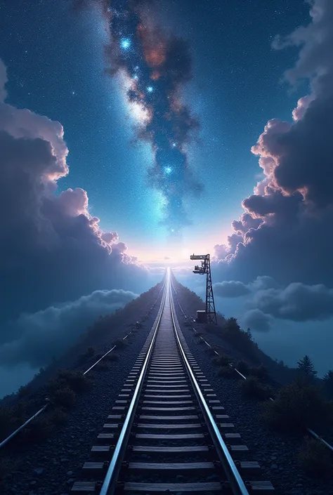  outer space ,  view from the top of the train,  long line leading to space ,  rail, which has a switching point from double track to single track, continues tilting upward toward space, The :2.0, signal machine,  full of stars, nebula, Galaxy cluster, sta...