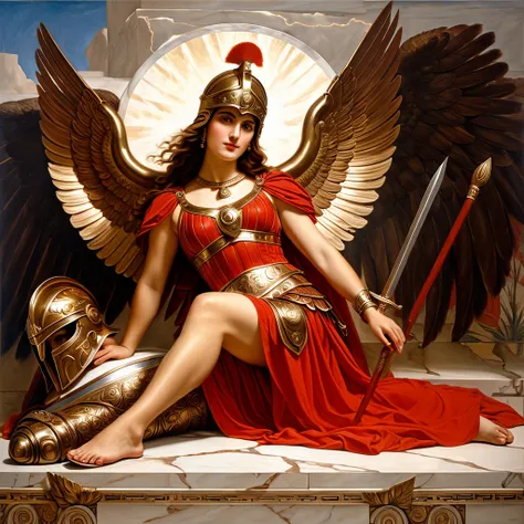 classic painting of the warrior goddess Athena, a divine woman with brown hair and gray eyes, her face exuding nobility. She is wearing red armor and a Greek helmet, lying face down in angel pose and barefoot. Her barefeet appearing.
