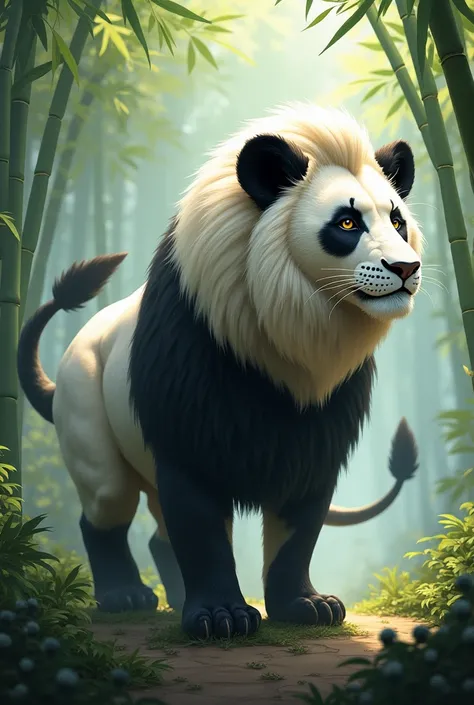 A fantastical hybrid animal that combines features of a lion and a panda. The creature has the body structure of a lion, including its muscular build and tail, but with black-and-white fur patterns resembling a panda. Its face has the majestic mane of a li...