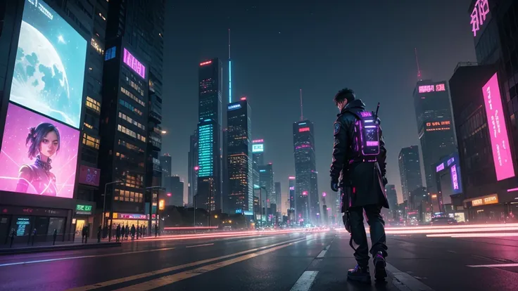 , the skyline in the distance ， is towering over the night sky Skyscraper and huge LEDs that broadcast HD and information flow Occupied by the screen， and neon signs twinkle like a kaleidoscope of colors in the night sky ， fly between skyscrapers 。  in the...