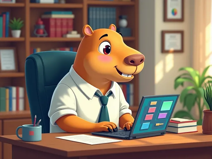 Capybara administrator with an animated laptop