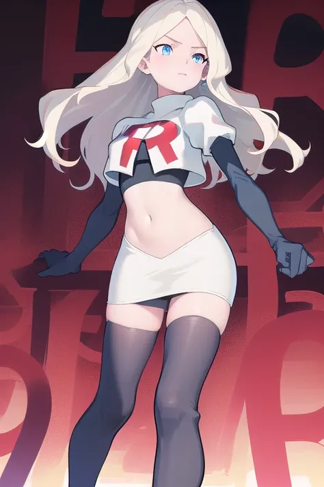 masterpiece, best quality, absurdres, perfect anatomy, 1girl, solo, DianaCavendishBase,DianaCavendish, long hair, jewelry, team rocket,team rocket uniform,white skirt,red letter R,crop top,black thigh-highs,black elbow gloves, sparkling