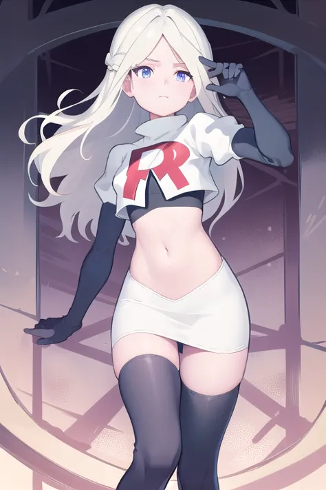 masterpiece, best quality, absurdres, perfect anatomy, 1girl, solo, DianaCavendishBase,DianaCavendish, long hair, jewelry, team rocket,team rocket uniform,white skirt,red letter R,crop top,black thigh-highs,black elbow gloves, sparkling