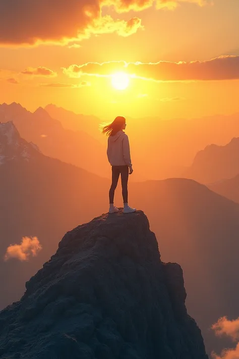 A person standing confidently on a mountaintop under a golden sunrise, symbolizing self-belief and limitless potential.
