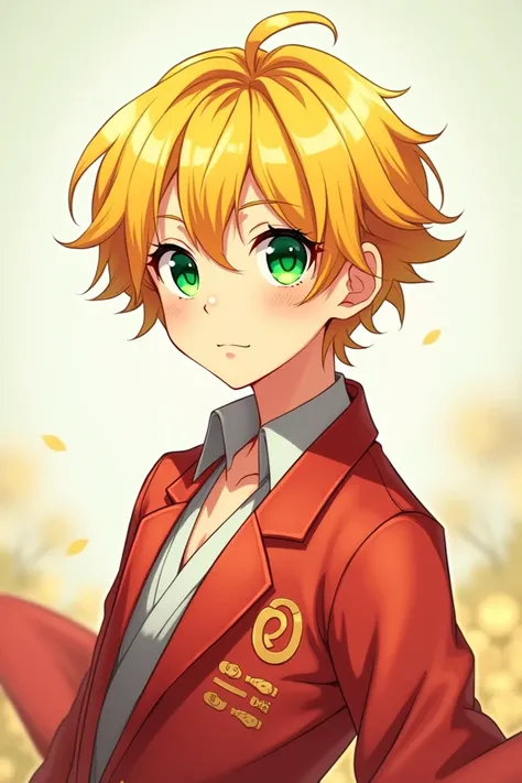 Short yellow-haired man with green eyes wearing stylish summer robes with red tones anime style 