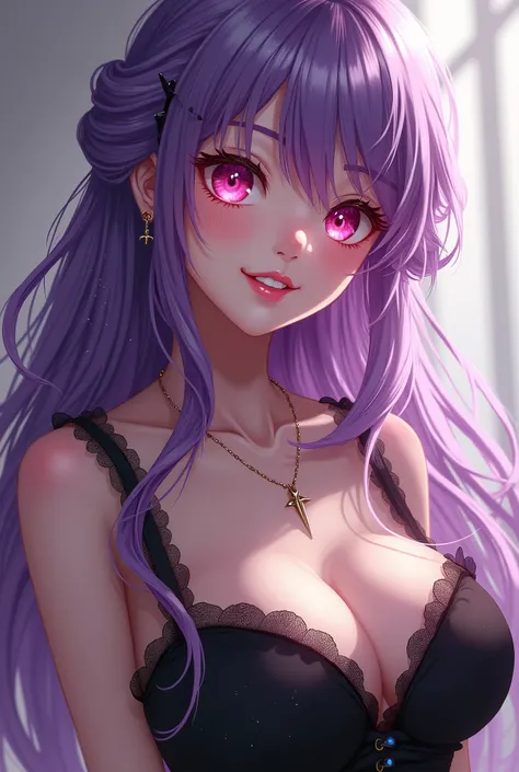 masterpiece, best quality,1girl, solo, long purple hair, pink eyes, black frilly short dress, smiling, big bust