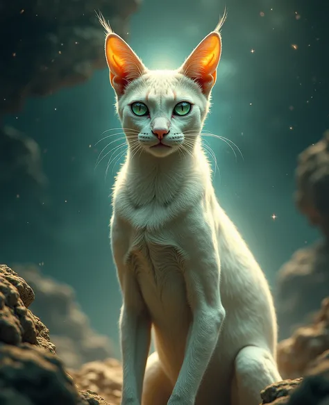 "Portrait of an Arcturian feline extraterrestrial being,  a interdimensional creature with an imposing and spiritualized appearance . hes tall and slender ,  with an agile and athletic body ,  emanating an energy of ancient wisdom .  Its skin is silver or ...