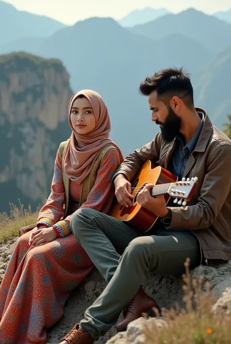 High Resolution, Hijabista girl ,man with thin beard, short neat hair,playing guitar beside her,close up,sitting at the mountain