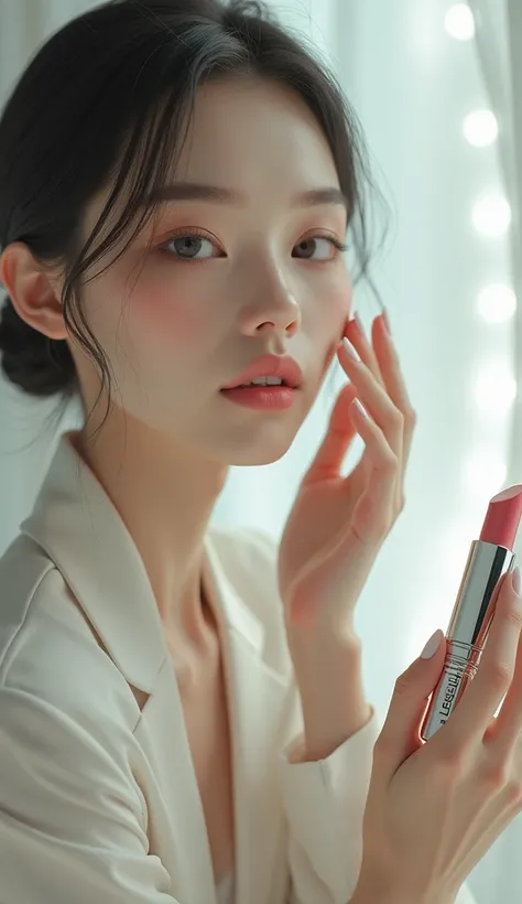  only the face is a very beautiful model android of a human　A place where you hold LOréal cosmetics in your hand and do makeup while looking in a mirror　On the chest