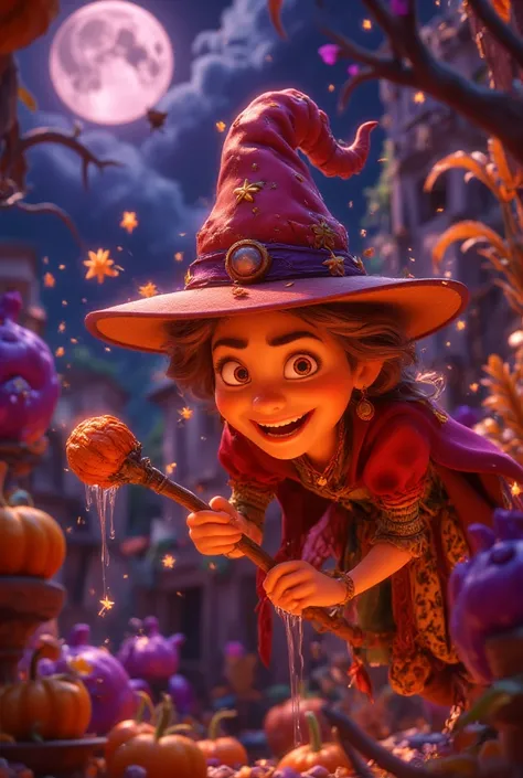  A pumpkin witch made of candy , The pumpkin witchs head shines , A pumpkin witch flying through the sky on a magic broom made of candy,Microscopic Photography ,Halloween atmosphere,Transparent texture,Clear syrup 
