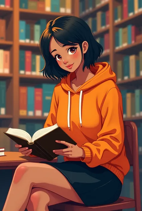 (masterpiece:1.2), best quality, high resolution, cartoon, 1girl, solo, a woman in her early 20s, shes a college student, short black hair with orange highlights, amber eyes and brown skin. Shes wearing an orange college hoodie and black pencil skirt. She ...