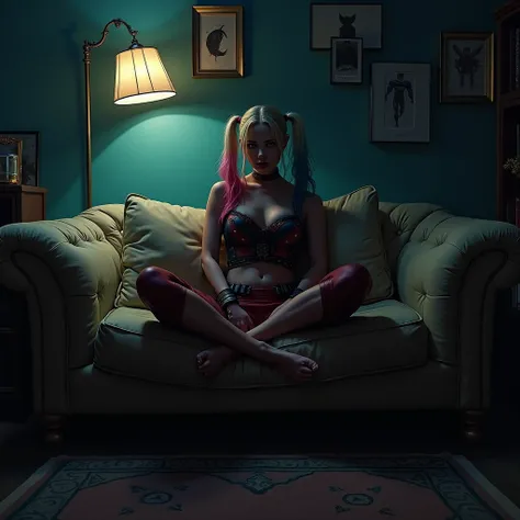 Harley quinn  Barefoot is  sitting on the sofa at home, night. Intense lighting 