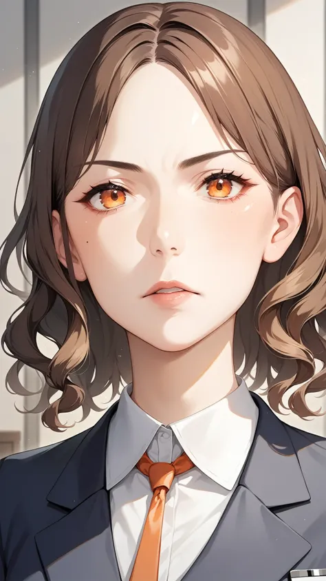 Anime-style character, source_anime, neolight, masterpiece, best quality, detailed, Masterpiece, Close-up of your face, (pale skin: 1.2), shiny skin, shiny hair, (25-year-old woman with medium hair with bangs) and (wavy hair) and (brown hair) and (orange e...