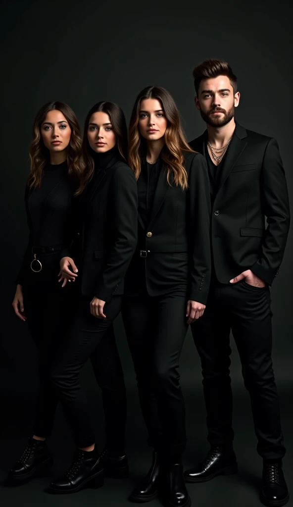 Foto ultrarealista, Hailee Steinfield, Sydney Sweeney, Chris Evans con barba, Zayn Malik con barba, vestidos con outfits negros, fondo negro