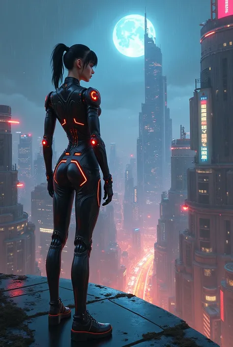  Create an incredibly detailed and ultra-realistic cyberpunk painting.  The centerpiece of the image should be a cyborg girl ,  standing on the roof of a high-rise building in a futuristic metropolis .  The girl must be dressed in stylish ,  looks like a t...