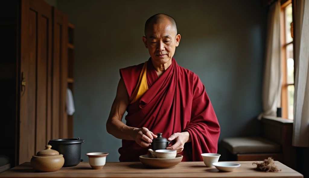  monk wearing Rasa  (Kashaya )  red scrambler, he is 30 years old, ( he makes tea at home )  Filmed with Canon EOS R5 , LENS 50MM, /1.8, --with 16:9 -- at 5