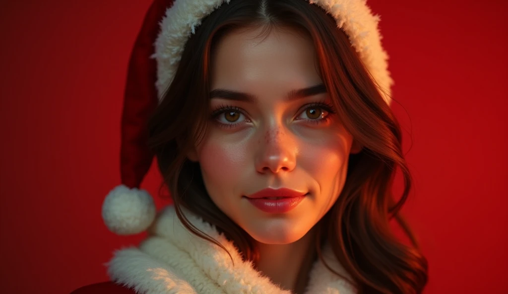 (  photorealism:1.2),   Beauty , I&#39;interior,  soft lighting , A  ,  Details are complicated ,  warm shades, Dark Eyes, 18 years old ，  Christmas costume with only a realistic face、  red christmas background  