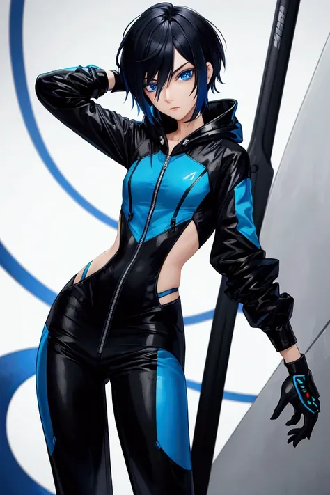 Androgynous Android wearing a lightweight hoody and elastic pants with blue eyes and black hair