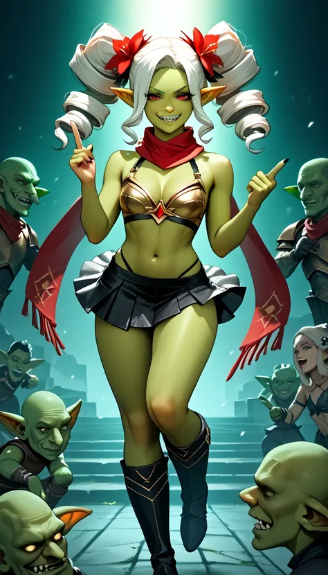 anime style,(best quality,4k,8k,highres,masterpiece:1.2),ultra-detailed, perfect eyes, perfect face, perfect lighting, photo,BREAK, 
goblin-girl,( jagged teeth:1.2),(green-skin:1.3), red-eyes,skinny, (small-breasts:1.2),pointy-ears, (twin-drills), flower, ...