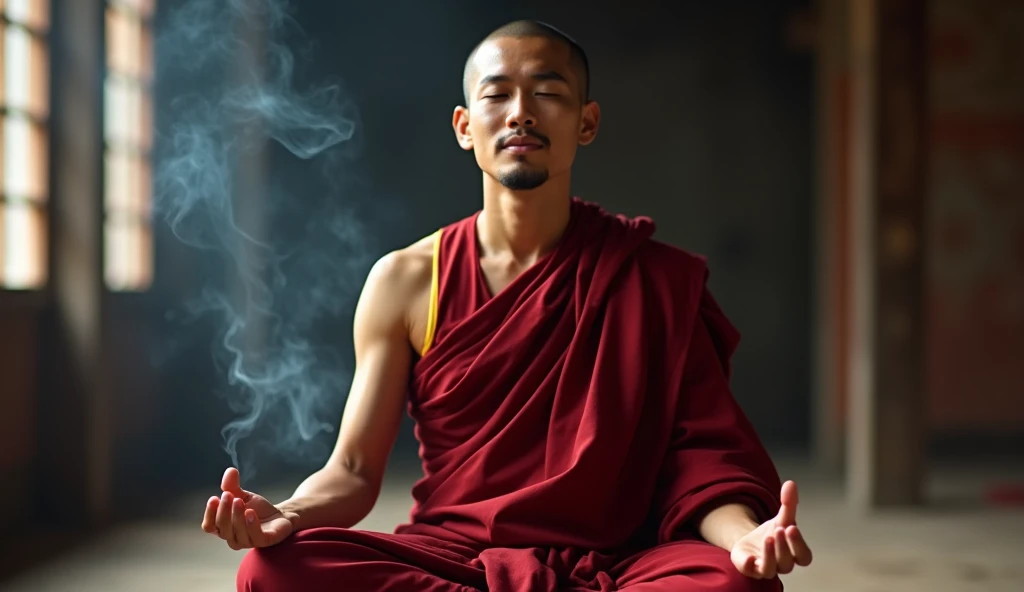  monk wearing Rasa  (Kashaya )  red scrambler, he is 30 years old, ( meditating with incense in the house )  Filmed with Canon EOS R5 , LENS 50MM, /1.8, --with 16:9 -- at 5 