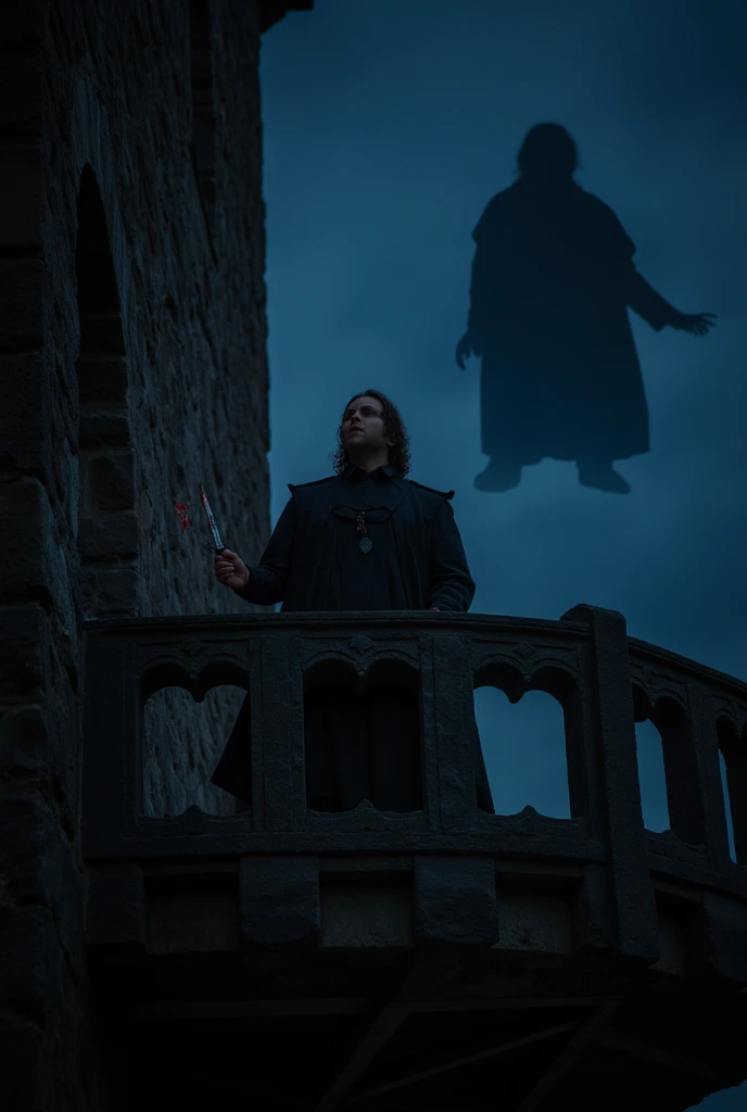 A powerful scene from Macbeth, with the character of Macbeth standing on a darkened castle balcony, gazing out into the night. He looks conflicted, holding a bloody dagger,  floating in the background like a shadow. The atmosphere is tense and foreboding.