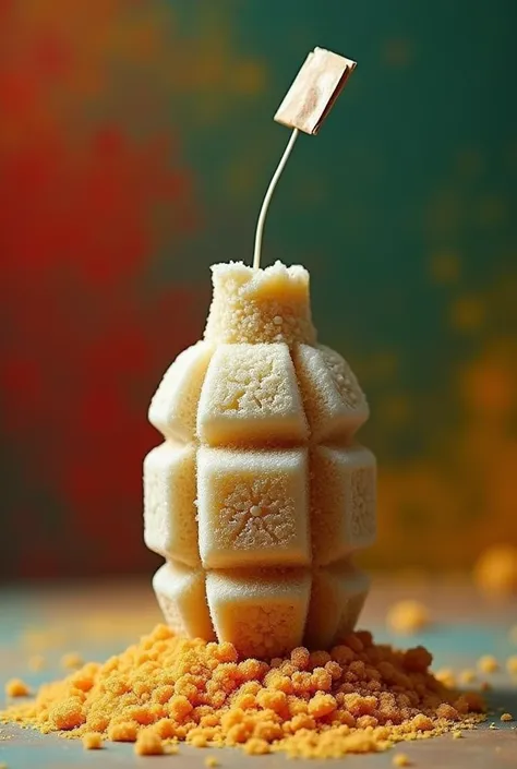 A bomb made of melted sugar and filled with a tea bag.  The outer shape is like a bomb and the strap of the T-bag came out of the bomb with the combination of red, green and yellow colors