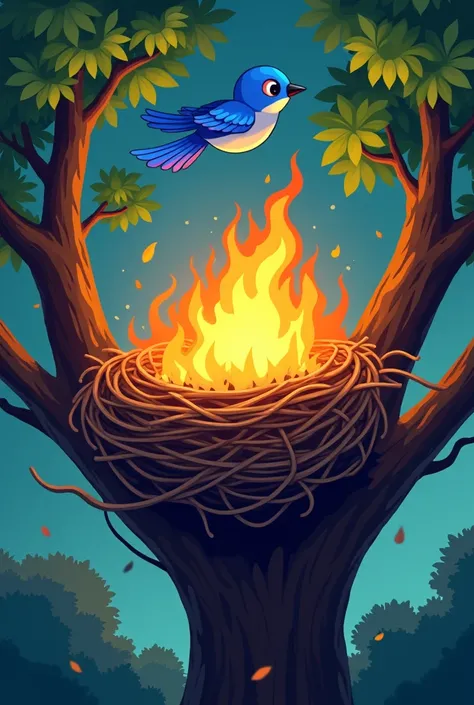 Fire in the nest above the tree ,nest fire,2d cartoon, vector image,blue bird flying above nest,