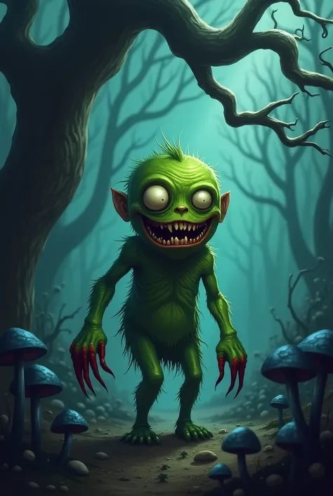 Green human-like in shape, with a round head, big eyes, a wide mouth, horribly sharp teeth, with blood-stained claws on his hands, standing beneath a scary dead tree amid a dark sky and a dystopia-themed night atmosphere, in a forest filled with dark blue ...