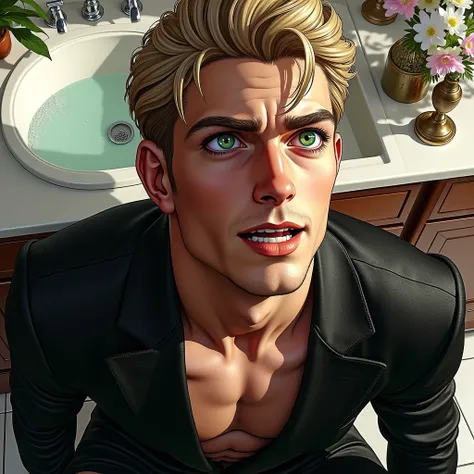  From an upstairs angle you can see a man looking up,  with a very mischievous smile .  He is kneeling . On the side of her head you can see beautiful legs sitting in the sink. 
 The man has light blond hair ,  green eyes, muscular face , ,  he wears a com...