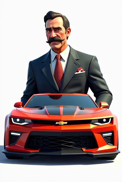 Create a Louis Chevrolet cover that appears from the waist up above the car with an animated camaro with a white background
