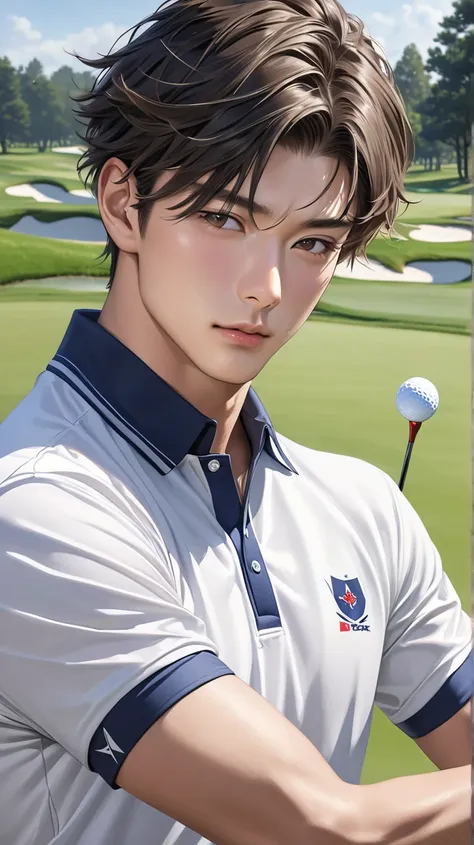  (photorealism:1.2), Handsome japanese man, 22-27 year-old, tight golf jersey, playing golf, look charming 