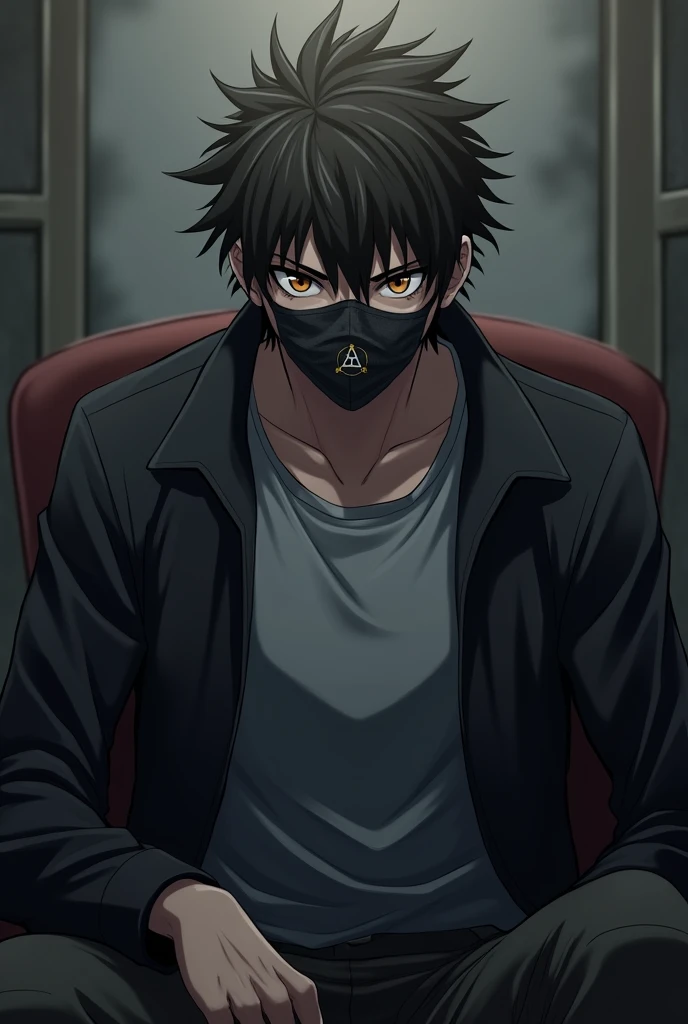 Generate a anime image , a man back view , man look like think deeply and he has hunter eyes , 
 masai hair and brown shine eyes, wear grey shirt and black jacket and cargo panits other image , now  show mi this image back look not change anyothers things ...