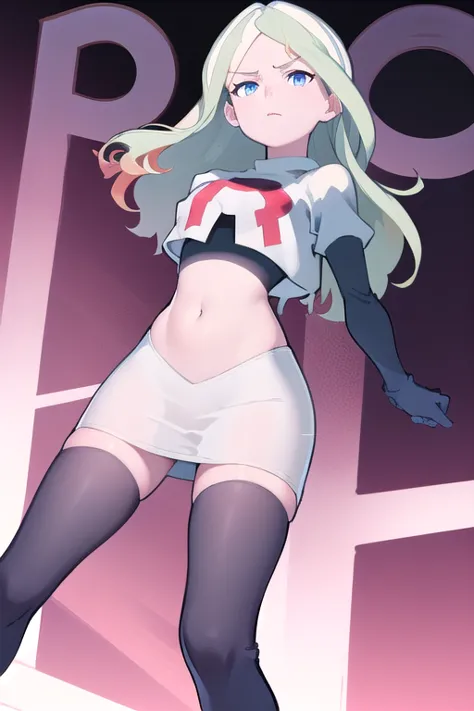 masterpiece, best quality, absurdres, perfect anatomy, 1girl, solo, DianaCavendishBase,DianaCavendish, long hair, jewelry, team rocket,team rocket uniform,white skirt,red letter R,crop top,black thigh-highs,black elbow gloves, sparkling