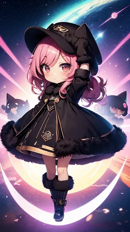 (Chibi:1.5)、 girl 、1 person、Full speed、warp, space-time, fantasy, emotional, cute, Flying train, fur ornament、Black Hat、 fur hat、 dress,　